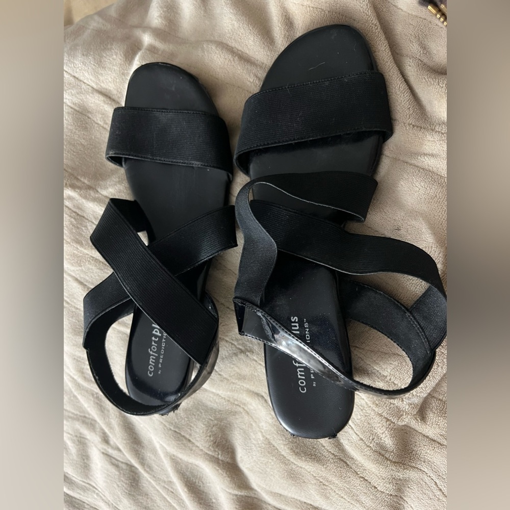 Black Stretch Crisscross Patent Leather Wedge Sandal